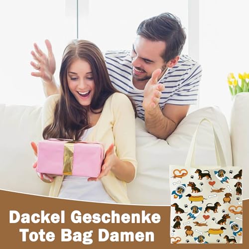 Yoljun Tote Bag, Canvas Handtasche mit Dackel Motiv 40×35 cm, Jutebeutel Alternative, Stilvolle Tote Bag Damen groß mit Henkel, Büchertasche Dackel Geschenke für Frauen Einkaufen Uni Alltag