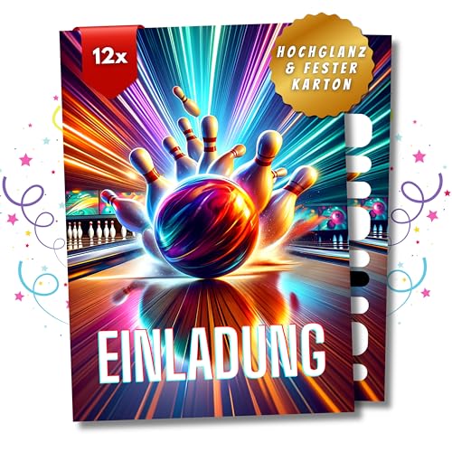 HIDEBLOOM Bowling Einladungskarten Kindergeburtstag Junge - 12 Stück - DIN A6 (10,5 cm x 14,8 cm) - Einladung Bowling Kindergeburtstag - Einladungskarte Bowling Kinder - Strike
