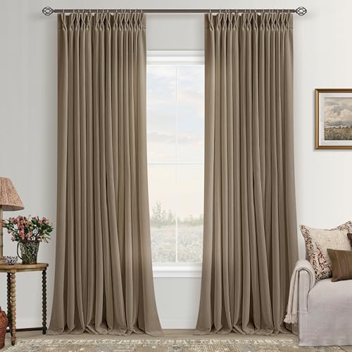 Image of Dark Brown Semi Sheer Pinch Pleated Linen Curtains 108 Inch for Living Room