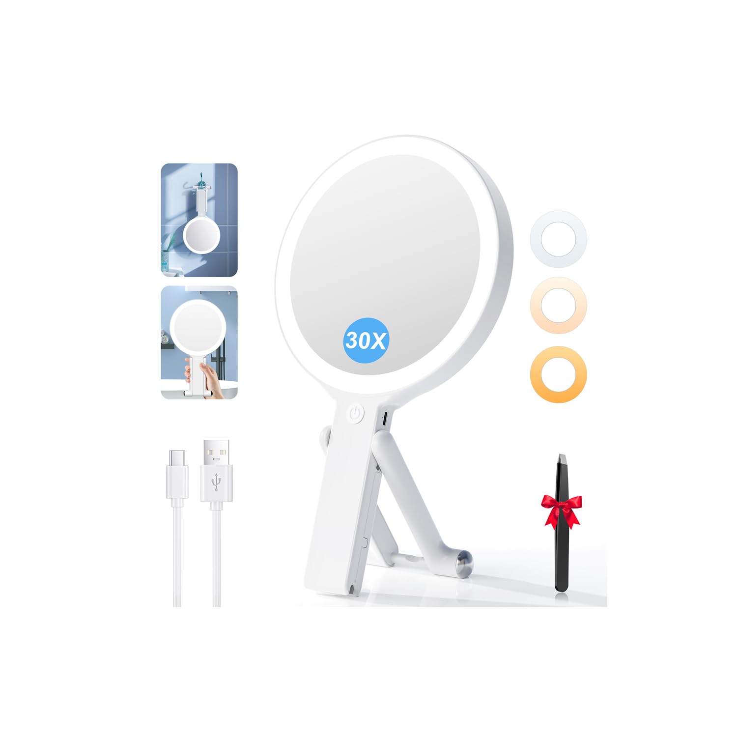 Auxmir Specchio Trucco con Luci LED, Specchio Ingranditore Bifacciale 30X/1X, 3 Colori Regolabile, Specchio da Tavolo Pieghevole, Compatto a Mano e per Appendere, Ricaricabile e Portatile da Viaggio
