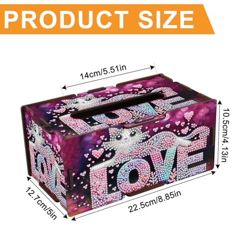 Image of Diamond Painting Tissue Box Cover - Love Letter & Cat Design Wooden DIY Rhinestone Diamond Art Kit, Cute Handmade Craft Tissue Holder for Desktop Home Office Decor