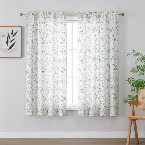 Image of Chyhomenyc Light Filtering 63 Inch Window Curtains - Linen Blend Floral Printed Curtains Drapes for Living Room, Soft Farmhouse Curtain for Bedroom, 52Wx63L Inch, 2 Panels