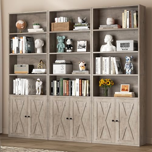Image of Shintenchi Bookshelf, Industrial Bookshelves and Bookcases with Doors Floor Standing 6 Shelf Display Storage Shelves 70.6 inches Tall Bookcase for Home Office, Living Room (Grey)