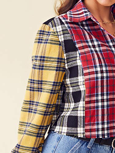 SweatyRocks Women's Cute Color Block Long Sleeve Crop Tops Plaid Button Down Blouse4