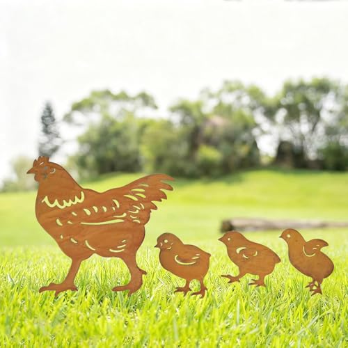 Ulawellor Hühner Gartenstecker 4er Gartendeko Roststecker Ostern Rost Deko Wetterfest Metall Huhn Deko Bauernhof Frühling Gartenschmuck für Garten Terrasse Balkon Blumentopf