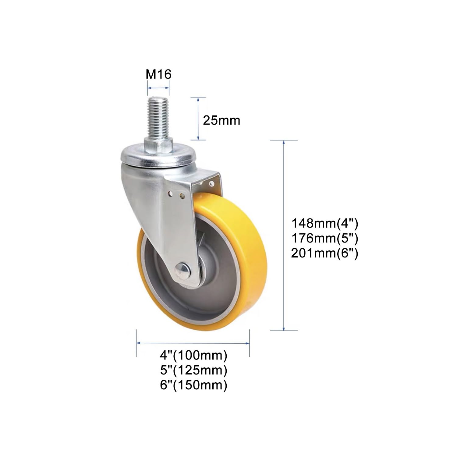 4/5/6 Pollice per carichi Pesanti Girevole Ruota con Freno - M16x25mm Perno filettato Industriale PU Ruote Set da 4 (2 Girevole + 2 Frenante) Ruote di Ricambio per Mobili & Attrezzature