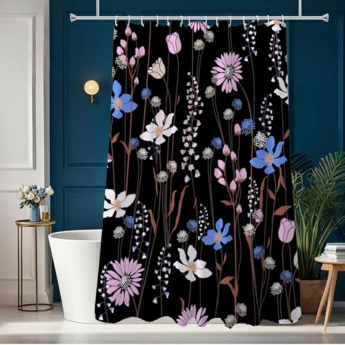 Rideaux douche fleurs sauvages avec oeillets et 12 crochets noirs