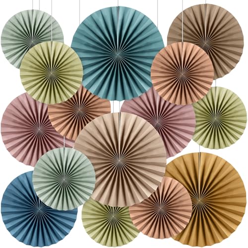 Image of 18 Pcs Boho Hanging Paper Fans Decor Back to School Paper Fans Round Garlands Bulletin Board Classroom Decorations for Birthday Classroom Neutral Baby Shower Backdrop Party Supplies