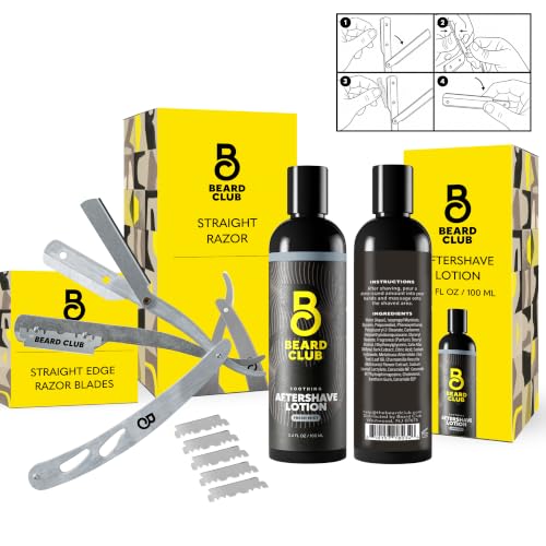 Beard Club Straight Razor for Men &amp; Aftershave for Men – Soothing After Shave Lotion &amp; Navajas Para Barbero - Barber Straight Edge Razor Kit with Post Shave Balm Calms Irritation, 5 Blades - Gift Kit