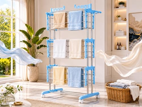 Image of KITCHIVO Premium Clothes Stand for Drying with Wheels | Portable | 3 Layer Rack for Balcony | Foldable Wings | 24 Hanger Rods | Anti Rust Steel Metal (Blue)