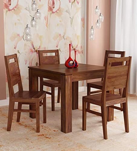 Image of JEENWOOD Modern Furniture Sheesham Wood 4 Seater Dining Table Set Dining Table with 4 Chairs Dinner Table Set for Dining Room Home,Hotel and Office (Natural Teak)