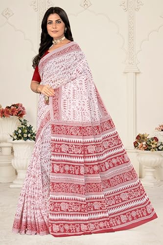 Image of TAMAIRA FASHION Mulmul Pure Cotton Saree For Woman Warli Printed|Office Wear Daily Wear Sarees For Women Without Blouse Piece(Available in 19 Colours)
