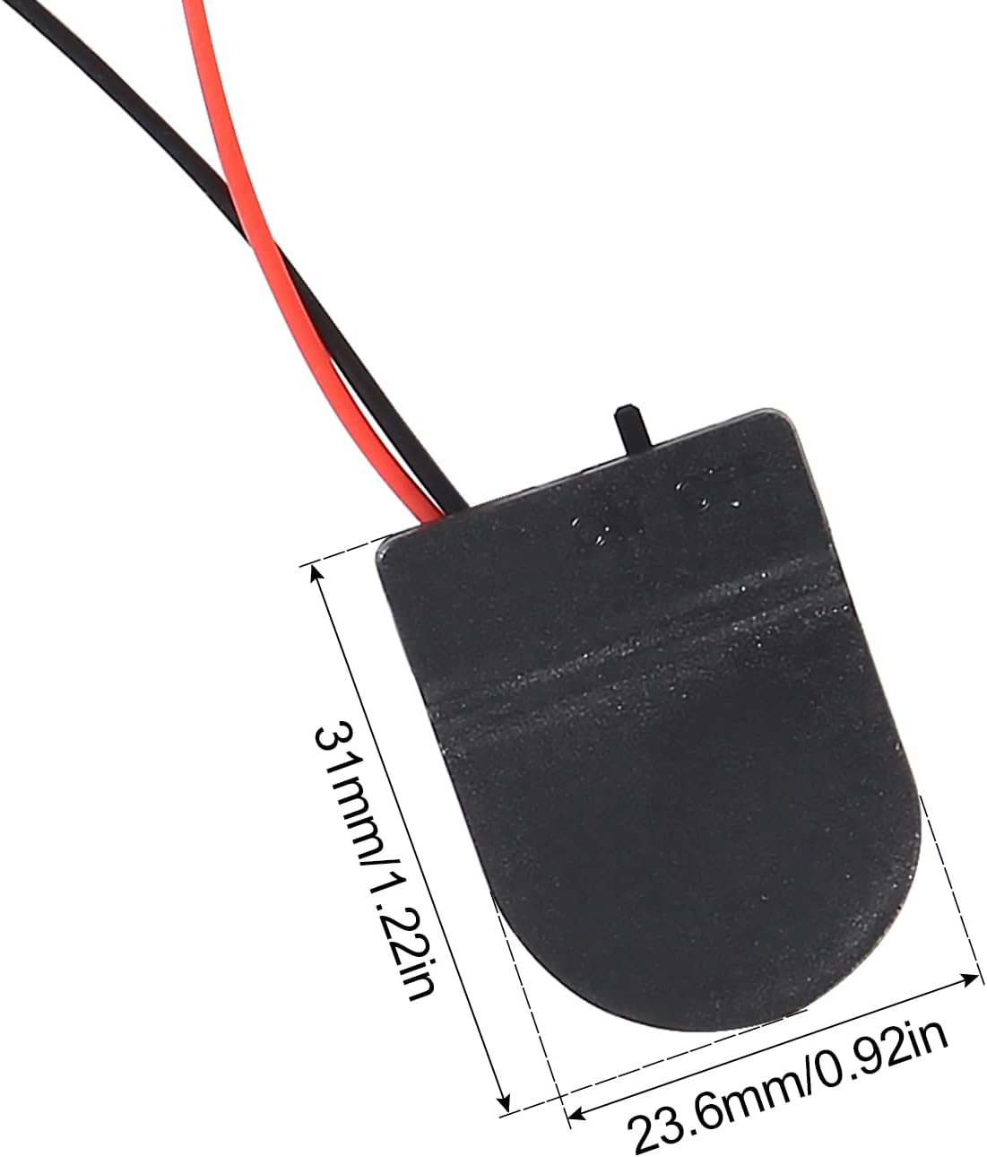 CR2032 battery holder with dimensions labeled: 31mm length, 23.6mm width