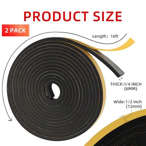 Image of QILIMA 2 Rolls Self Adhesive Foam Tape Weatherstrip Weather Stripping for Doors and Windows, Sound Proof Soundproofing Door Seal, Weatherstrip, Air Conditioning Seal Strip 1 /2in W x 1 /4in H x 16.5Ft L