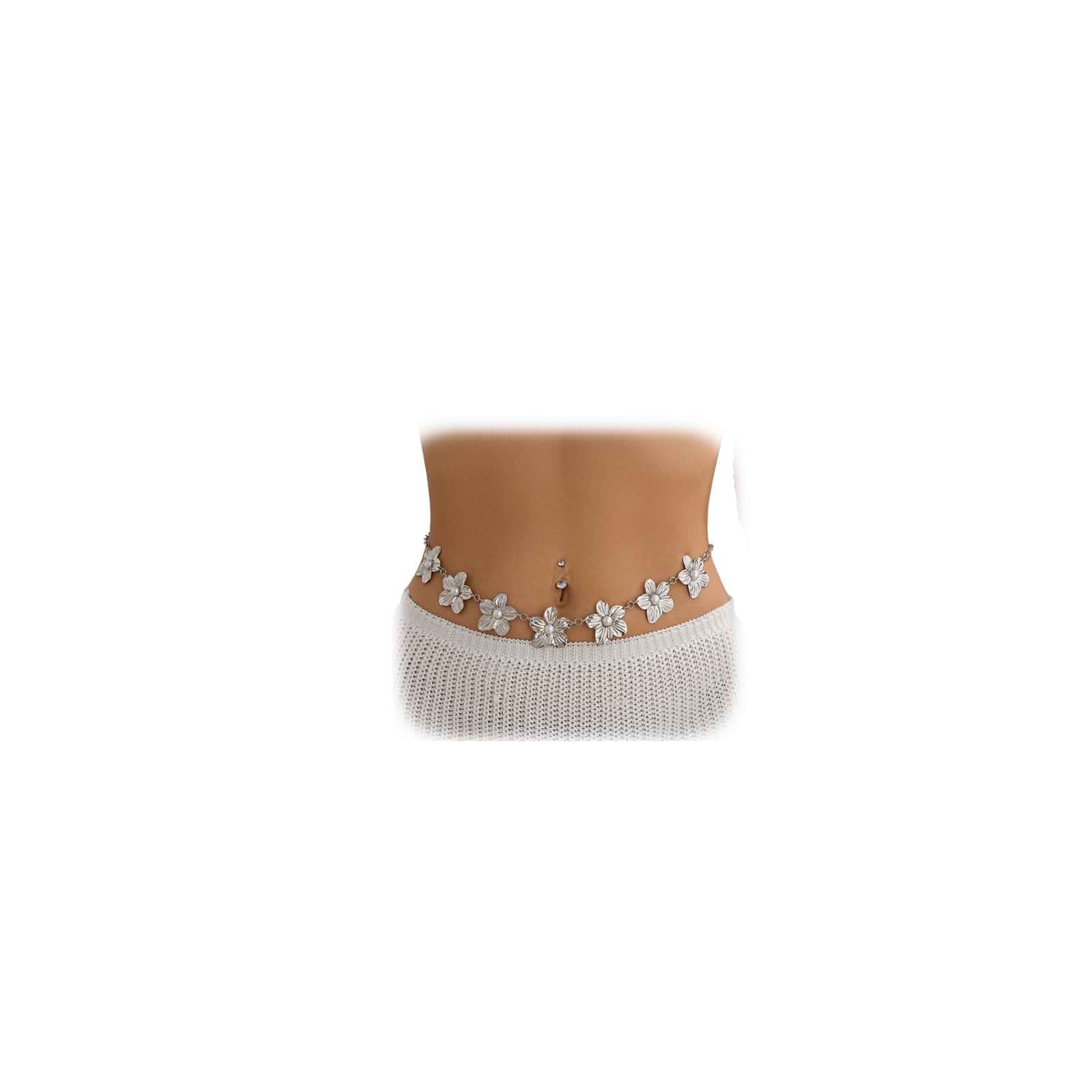 Silver/Gold Flower Pearl Pendant Waist Chain Belt,Bikinis Pearl Belly Body Chain Sexy Metal Link Waist Chain Belt Festival Rave Pearl Body Accessories Jewelry for Women
