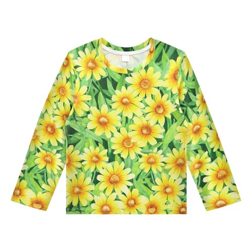DOMIKING Hirta Flower Yellow Boys Long Sleeve Rashguard Shirt Kids Quick Dry Swim Shirt for Beach Pool Sport 11-12T