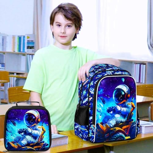 Image of CCJPX 3Pcs Astronaut Backpack for Boys, 16 inch Space Kids Bookbag with Lunch Box, Cool Water Resistant Schoolbag for Preschool Kindergarten Toddler(Blue)