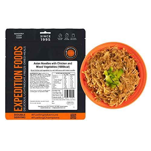 EXPEDITION FOODS Asian Noodles with Chicken and Mixed Vegetables (Double Serving / 1000KCAL) | Freeze-Dried Camping & Hiking Food