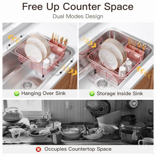 Image of JASIWAY Pink Dish Drying Rack in Sink with Utensil Holder, RV, Apartment