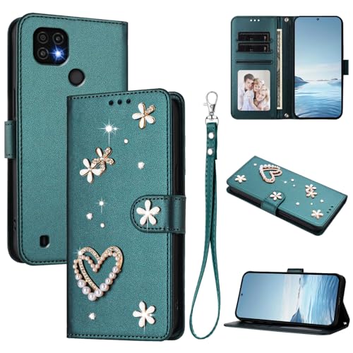 Jiajihua Case Compatible with Realme C20 / C11 2021 / C21 Lanyard【Card Holder Wallet Flip Cover Magnetic Buckle Kickstand】 Green