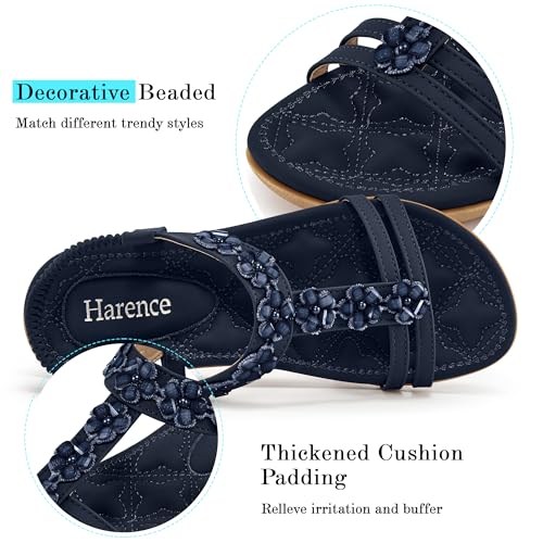 Image of HARENCE Summer Flat Sandals for Women: Comfortable Bohemian Beaded Flats Shoes Elastic Ankle Strap Casual Walking Slip On Dress Sandal