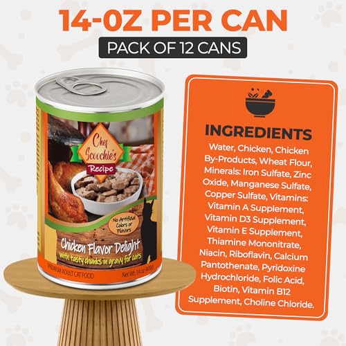 Image of Scoochie Pet Products Chef Scoochie's Tender Chicken Chunks in Gravy Wet Cat Food - Easy Open Pop-Top Cans - Protein & Essential Nutrients - Gourmet Meal for Indoor & Outdoor Cats 12 Cans (14 oz e.)