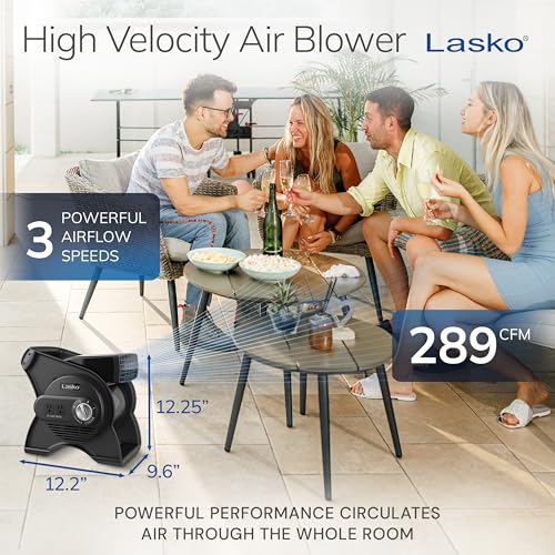 Lasko Portable Utility Fan, 12” 289 CFM Pivoting High Velocity Air Mover Blower Fan, 3 Speeds, 2 Accessory Outlets 120V, Black, U12104 - Image 4