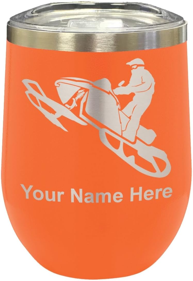 LaserGram 16oz Double Wall Stainless Steel Wine Glass Tumbler, Snowmobile, Personalized Engraving Included (Black)