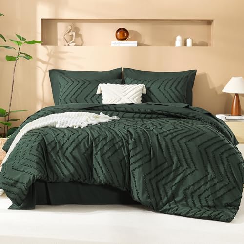 Image of Litanika Forest Green Queen Size Comforter Set with Sheets - 7 Pieces Bed in a Bag Queen Boho Tufted Complete Bedding Sets with Comforter, Sheets, Pillowcases & Shams