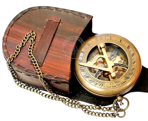 Brass Sundial Compass with Leather Case and Chain - Push Open Compass - Steampunk Accessory - Antiquated Finish - Beautiful Handmade Gift -Sundial Clock