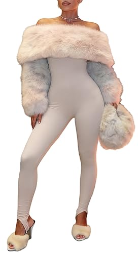 NIFTRIRY Sexy Jumpsuits for Women Dressy Off Shoulder Faux Fur Bodycon Jumpsuits Rave Going Out Club Outfits - Khaki - Large