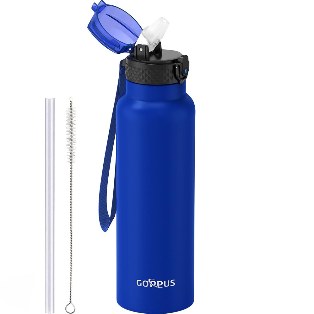 GOPPUS 750ml/26oz Stainless Water Bottle with Straw Double Wall Insulated Bottles with Strap Reusable Vacuum Thermal Flask Leakproof Keep Cold Drinks Bottles with Flip Top Lid for Men Women BPA Free