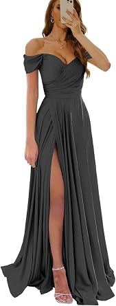 Off The Shoulder Prom Dresses for Women Long Satin Bridesmaid Dress with Slit Corset Formal Evening Party Gown