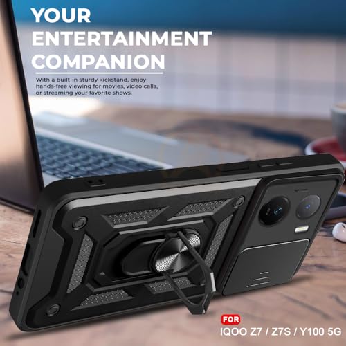 Image of Armor Bumper Back Cover Case for IQOO z7 Rotating Camera Cover, Ring Holder & Kickstand | Heavy Duty & 360 Degree Protection IQOO z7 Back Cover (Black)