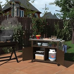 GDLF Outdoor Storage Cabinet Solid Wood Prep Grill Table with Stainless Steel Top Waterproof Cover Dark Brown GDLF Outdoor Storage Cabinet Solid Wood Prep Grill Table with Stainless Steel Top Waterproof Cover Dark Brown