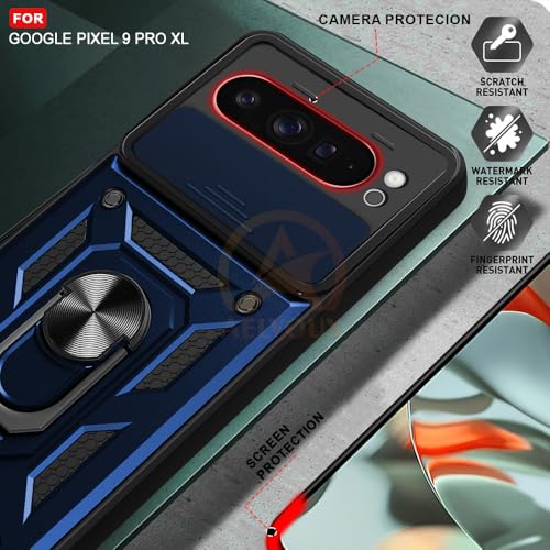 Image of Armor Bumper Back Cover Case for Google Pixel 9 Pro XL Rotating Camera Cover, Ring Holder & Kickstand | Heavy Duty & 360 Degree Protection Google Pixel 9 Pro XL Back Cover (Blue)