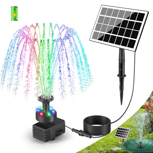 SZMP Solar Fountain Pump 2025 Upgraded, 3.5W Solar Bird Bath Fountain with 7 Nozzles, 16.4ft Power Cord, 2000mAh Battery, Colorful Lights, Solar Water Fountain for Pond, Patio, Humingbirds, Garden