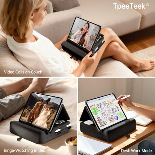 Image of Tablet Pillow Stand with Storage, Foldable iPad Holder for Lep, Bed, Sofa, and Desk - Soft Pad Dock with Pocket and Stylus Mount Compatible with 4-13 inch iPad Pro /Air /Mini, Galaxy Tab, Kindle