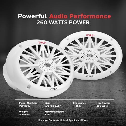 Image of Pyle 6x9 Inch Dual Marine Speakers - 2 Way Waterproof and Weather Resistant Outdoor Audio Stereo Sound System with 260 Watt Power, Poly Carbon Cone and Cloth Surround - 1 Pair - PLMR692