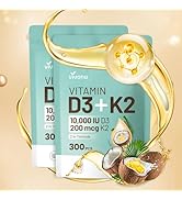 Vitamin D3 10000 iu Plus K2 (MK-7) 200 mcg, 300 Coconut Oil Softgels| 2 in 1 VIT D &amp; K Complex | ...