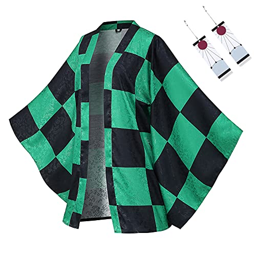MIAQIWUYU Tanjiro kimono Haori Cosplay Costume Anime Kamado Tanjirou Kimono Haori Role Cloak Jacket Cardigan with Earrings Set(Average Size-L)