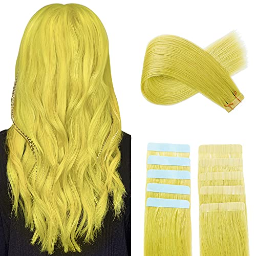 YILITE Colorful Tape in Hair Extensions Remy Human Hair 10pcs 20g Yellowish Green Tape Hair 12 inches