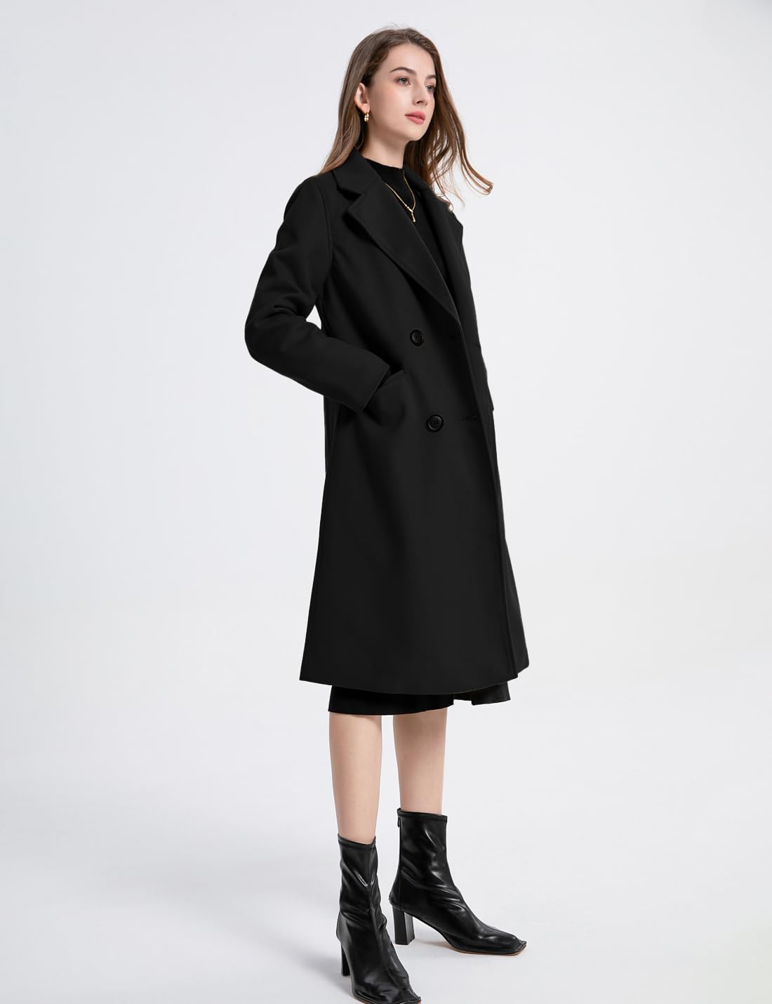 Manteau d'hiver en laine mélangée pour femme - Col à revers - Double boutonnage - Décontracté - Moyen - Long - Trench - Vestes d'extérieur