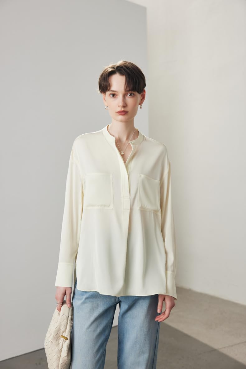 Camisa de Oficina Holgada de Seda con Cuello Alto para Mujer