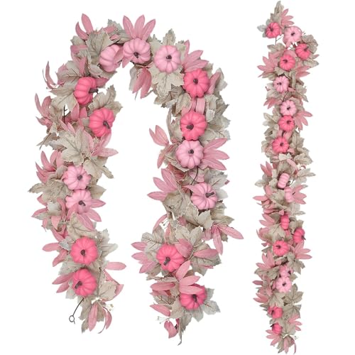 5.7FT Realistic Autumn Artificial Pumpkin Garland for Thanksgiving Decor (Pink)