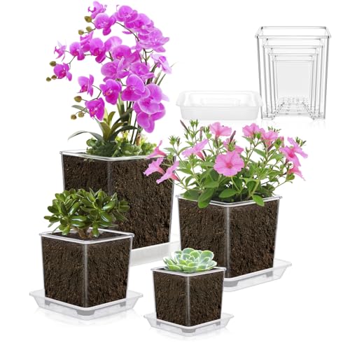 7 set Acrylic Orchid Pot Thickened Clear Nursery Pots with Drainage and Saucers 3.2/4/5/6 Inch Orchid Pot Acrylic Square Plant Pots with Labels for Indoor Plants, Flowers, Seeding, Carnivorous