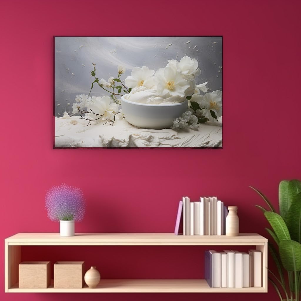 Canvas for Living room. Whispering Whites: A Serene Symphony of Marshmallows and Roses, 27 x 18 inch Canvas Wall Art - Contemporary Masterpieces - Botanical Home Decor