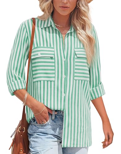 NONSAR Blusa de manga larga para mujer, a rayas, informal, de algodón, túnica de manga larga, blusa de lino, Raya ancha verde, S