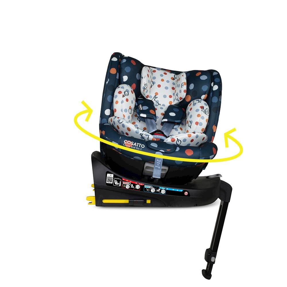 COSATTO Come & Go - Seggiolino auto girevole a 360°, dalla nascita a 4 anni (0-105 cm), gruppo 0/0+/1 base integrata ISOFIX, R129, ERF, protezione dagli impatti laterali, 5 punti Plus anti fuga (Spot