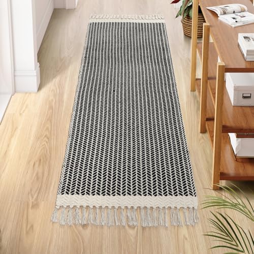 Lahome Boho Hallway Runner Rug, 2x6 Laundry Room Lightweight Entry Woven Cotton Throw Mat with Tassels, Farmhouse Non Shedding Washable Black Low Pile Runner for Kitchen Bathroom